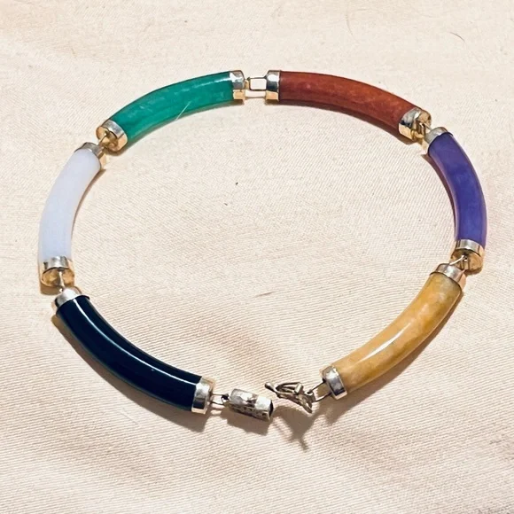 14K Gold Multi Jade Link Bracelet - Picture 1 of 12